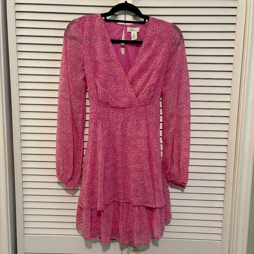 Japna Pink Floral Surplice Bishop Sleeve Ruffle Dress Medium